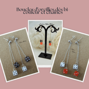 Boucles d'oreilles pendantes dés bi-couleur avec Chaîne pour femmes et jeunes femmes