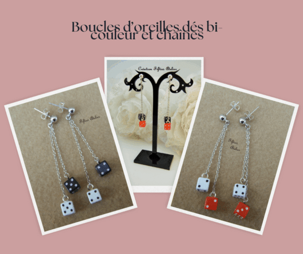 Boucles d'oreilles pendantes dés bi-couleur avec Chaîne pour femmes et jeunes femmes