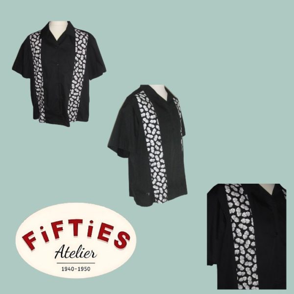 Chemise Bowling Manches Courtes Rockabilly Fifties Old School Vintage Noir et Dés blancs