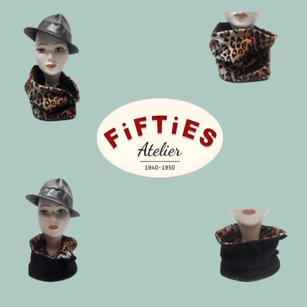 Tour de Cou ou Snood en Fausse Fourrure Léopard et Noir Rétro Vintage Rockabilly Pin-ups