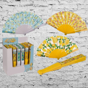 Éventails pliants en plastique motif fruits – 23 x 40 cm – Assortiment citron, melon et banane