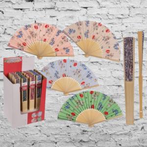 Éventail à fleurs orientales en bambou – 21 cm – 4 couleurs assorties